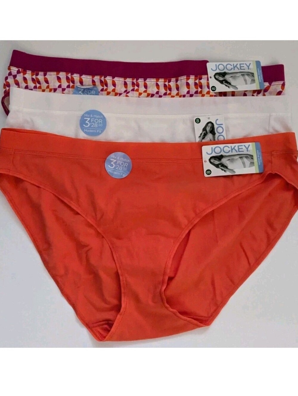 New Set of 3 JOCKEY #2900 Cotton Stretch Modern Fit Women's Bikinis Size 8